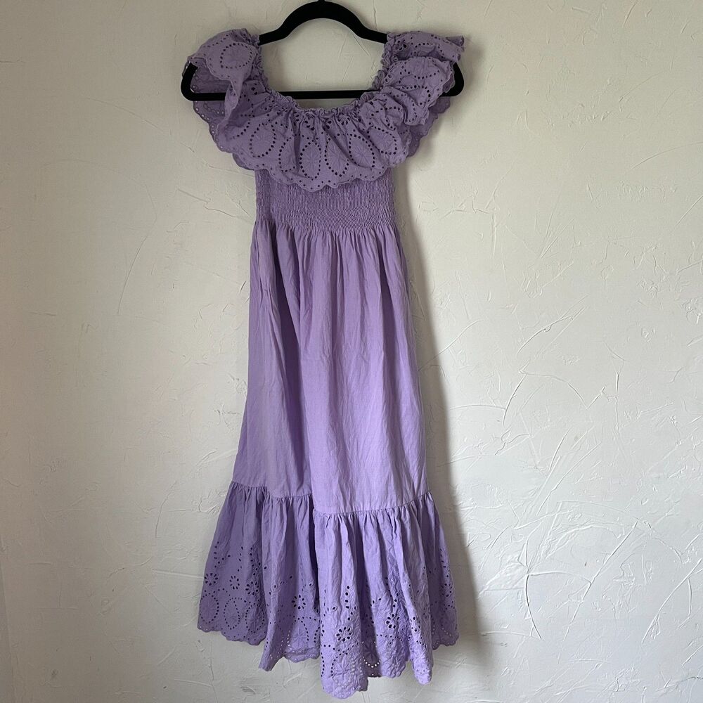 Urban Outfitters Fairy Lavender Eyelet Smocked Midi Dress Off Shoulder Size XS - Picture 4 of 8